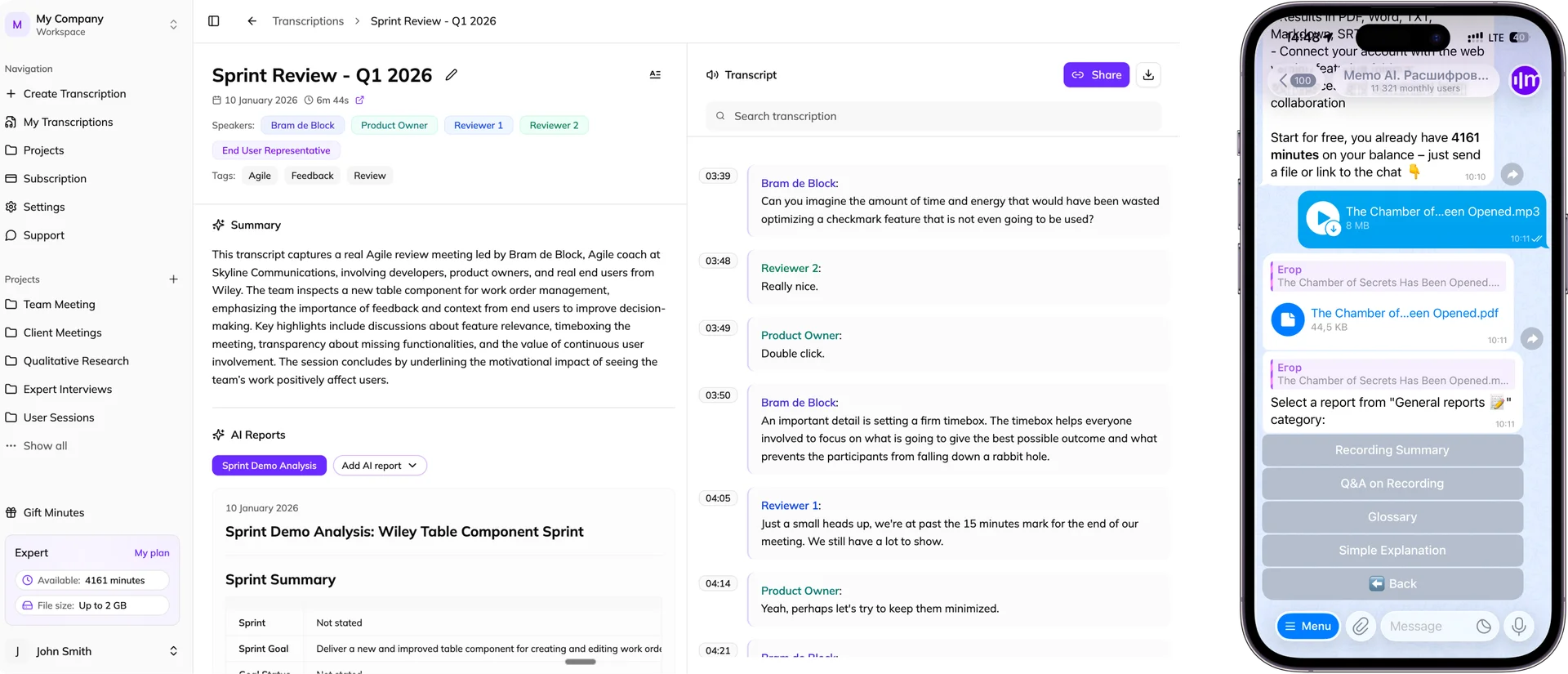Memo AI web interface and Telegram bot